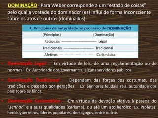DOMINAÇÃO - Para Weber corresponde a um “estado de coisas”
pelo qual a vontade do dominador (es) influi de forma inconsciente
sobre os atos de outros (dominados).
• Dominação Legal - Em virtude de leis, de uma regulamentação ou de
normas. Ex: Autoridade dos governantes, alguns servidores públicos.
• Dominação Tradicional - Dependem das forças dos costumes, das
tradições e passado por gerações. Ex: Senhores feudais, reis, autoridade dos
pais sobre os filhos.
• Dominação Carismática - Em virtude da devoção afetiva à pessoa do
“senhor” e a suas qualidades (carisma), ou até um ato heroico. Ex: Profetas,
heróis guerreiros, líderes populares, demagogos, entre outros.
3 Princípios de autoridade no processo de DOMINAÇÃO
(Princípios) (Dominação)
Racionais ----------------------------- Legal
Tradicionais ------------------------- Tradicional
Afetivos ------------------------------ Carismática
 