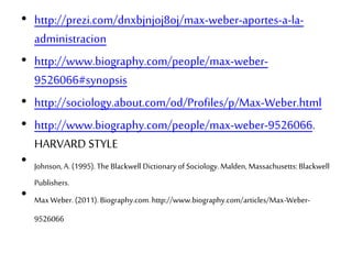 • http://prezi.com/dnxbjnjoj8oj/max-weber-aportes-a-la-administracion 
• http://www.biography.com/people/max-weber- 
9526066#synopsis 
• http://sociology.about.com/od/Profiles/p/Max-Weber.html 
• http://www.biography.com/people/max-weber-9526066. 
HARVARD STYLE 
• Johnson, A. (1995). The Blackwell Dictionary of Sociology. Malden, Massachusetts: Blackwell 
Publishers. 
• Max Weber. (2011). Biography.com. http://www.biography.com/articles/Max-Weber- 
9526066 
