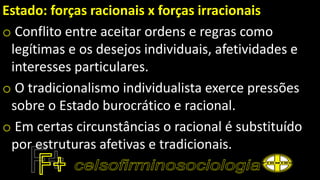 Estado: forças racionais x forças irracionais
o Conflito entre aceitar ordens e regras como
legítimas e os desejos individuais, afetividades e
interesses particulares.
o O tradicionalismo individualista exerce pressões
sobre o Estado burocrático e racional.
o Em certas circunstâncias o racional é substituído
por estruturas afetivas e tradicionais.
 