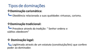 Tipos de dominações
❖Dominação carismática:
Obediência relacionada a suas qualidades virtuosas, carisma.
❖Dominação tradicional:
Prevalece através da tradição: " Senhor ordena e
súditos obedecem"
❖ Dominação legal:
Legitimada através de um estatuto (constituição/leis) que confere
poder ao dominador.
 