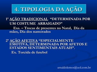 4. TIPOLOGIA DA AÇÃO4. TIPOLOGIA DA AÇÃO
1º1º AÇÃO TRADICIONALAÇÃO TRADICIONAL “DETERMINADA POR“DETERMINADA POR
UM COSTUME ARRAIGADO”UM COSTUME ARRAIGADO”
Exs. – Trocas de presentes no Natal, Dia daExs. – Trocas de presentes no Natal, Dia da
mães, Dia dos namoradosmães, Dia dos namorados
2º2º AÇÃO AFETIVAAÇÃO AFETIVA “ESPECIALMENTE“ESPECIALMENTE
EMOTIVA, DETERMINADA POR AFETOS EEMOTIVA, DETERMINADA POR AFETOS E
ESTADOS SENTIMENTAIS ATUAIS”.ESTADOS SENTIMENTAIS ATUAIS”.
Ex. Torcida de futebolEx. Torcida de futebol
arnaldolemos@uol.com.br
 