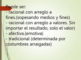 Puede ser:
- racional con arreglo a
fines.(sopesando medios y fines)
- racional con arreglo a valores. Sin
importar el resultado, solo el valor)
- afectiva.(emotiva)
- tradicional (determinada por
costumbres arraigadas)
 
