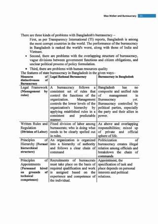 Thereare three kindsof problems with Bangladesh's bureaucracy-
First, as per Transparency International (TI) reports, Bangladesh is among
the most corrupt countries in the world. The performance of the bureaucracy
in Bangladesh is ranked the world's worst, along with those of India and
Vietnam.
Second, there are problems with the overlapping structure of bureaucracy,
vague divisions between government functions and citizen obligations, and
unclearpoliticalprocess of policy formulation.
Third, there areproblems with human resources quality
The f m of statebureaucracy in Bangladesh in thegiven ways-
Measures of LegalRationalBnre.aucracy
I IBureaucracy in Bangladesh
dmtinctiveness of
Bureaucracy
Legal Framework
(Management by
rules)
A bureaucracy follows a
consistent set of rules that
control the functions of the
organization. Management
controls the lower levels of the
organization's hierarchy by
applying established rules in a
consistent and predictable
Bangladesh -has no
composite 'and unified 'rule
of management in
Bureaucracy Yet-
Bureaucracy controlled by
political parties, especially
the party and their allies in
power.
Written Rules and
Regulation
(Division of Labor)
Hierarchy (Formal
hierarchical
stmdure)
manner.
Fixed division of labor among
bureaucrats; who is doing what responsibilities; mixed up
needs to be clearly spelled out- 1of private and official
Principles of
into a hierarchy of authority
and follows a clear chain of
command
As above and overlapping
bureaucracy creates illegal
relation amongoBciaIs and
breakdown the chain of
in rules.
An organization is organized
sphereof life.
Politickation of
( ~ ~ m n n e lhired
on grounds of
technical
competence)
required and work
is assigned based on the
experience and competence of
the individual.
Appointment, the
specificationof taskand
Principles of
Appointments
place dependson personal
interestsand political
relations.
' Recruitments of bureaucrats
m&t take place on the basis of
 