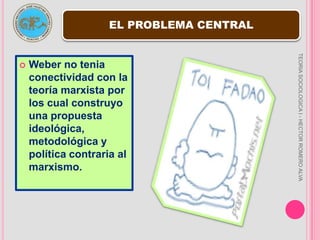 ACCION SOCIAL: WEBERPor sentido debe entenderse el sentido mentado (comentado) y subjetivo de los sujetos de la acción.Los limites entre una acción con sentido y un modo de conducta (acciones de las personas que pueden entenderse de diferentes maneras), simplemente reactivo son enteramente elásticos.TEORIA SOCIOLOGICA I - HECTOR ROMERO ALVA