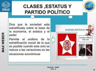 CLASES ,ESTATUS Y 
PARTIDO POLÍTICO 
Dice que la sociedad esta 
estratificada sobre la base de 
la economía, el estatus y el 
poder 
Permite el análisis de la 
estratificación social de la que 
es posible cuando esta solo se 
reduce a las variaciones en las 
situaciones económicas. 
HUACHO - PERÚ 
2014 - II 
MAX WEBER 
10 
 
