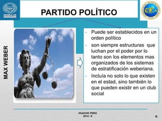 PARTIDO POLÍTICO 
- Puede ser establecidos en un 
orden político 
- son siempre estructuras que 
luchan por el poder por lo 
tanto son los elementos mas 
organizados de los sistemas 
de estratificación weberiana. 
- Incluía no solo lo que existen 
en el estad, sino también lo 
que pueden existir en un club 
social 
HUACHO PERÚ 
2014 - II 
MAX WEBER 
13 
 