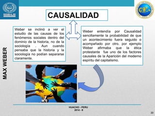 HUACHO - PERU 
2014 - II 
22 
CAUSALIDAD 
Weber se inclinó a ver el 
estudio de las causas de los 
fenómenos sociales dentro del 
dominio de la historia, no de la 
sociología . Aun cuando 
pensaba que la historia y la 
sociología no podían separarse 
claramente. 
MAX WEBER 
Weber entendía por Causalidad 
sencillamente la probabilidad de que 
un acontecimiento fuera seguido o 
acompañado por otro. por ejemplo 
Weber afirmaba que la ética 
protestante fue uno de los factores 
causales de la Aparición del moderno 
espíritu del capitalismo. 
 