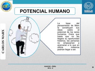 POTENCIAL HUMANO 
HUACHO - PERU 
2014 - II 
CARLOS MARX 
La base del 
pensamiento de Marx 
la constituyen sus 
ideas sobre el 
potencial de los seres 
humanos. Creía que 
hasta que no les 
llegara su oportunidad 
histórica, las personas 
no empezarían a 
acercarse a lo que en 
última instancia 
podrían llegar a ser. 
35 
 