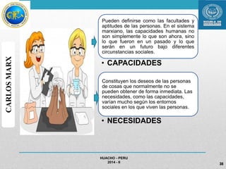 HUACHO - PERU 
2014 - II 
CARLOS MARX 
Pueden definirse como las facultades y 
aptitudes de las personas. En el sistema 
marxiano, las capacidades humanas no 
son simplemente lo que son ahora, sino 
lo que fueron en un pasado y lo que 
serán en un futuro bajo diferentes 
circunstancias sociales. 
• CAPACIDADES 
Constituyen los deseos de las personas 
de cosas que normalmente no se 
pueden obtener de forma inmediata. Las 
necesidades, como las capacidades, 
varían mucho según los entornos 
sociales en los que viven las personas. 
• NECESIDADES 
36 
 