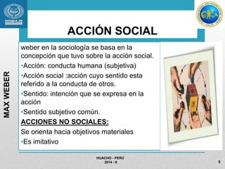 ACCIÓN SOCIAL 
weber en la sociología se basa en la 
concepción que tuvo sobre la acción social. 
•Acción: conducta humana (subjetiva) 
•Acción social :acción cuyo sentido esta 
referido a la conducta de otros. 
•Sentido: intención que se expresa en la 
acción 
•Sentido subjetivo común. 
ACCIONES NO SOCIALES: 
Se orienta hacia objetivos materiales 
•Es imitativo 
HUACHO - PERÚ 
2014 - II 
MAX WEBER 
5 
 