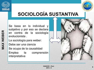 SOCIOLOGÍA SUSTANTIVA 
Se basa en lo individual y 
subjetivo y por eso se declara 
en contra de la sociología 
evolucionista . 
La sociología para weber: 
Debe ser una ciencia 
Se ocupa de la causalidad 
Emplea la comprensión 
interpretativa 
HUACHO - Perú 
2014 - II 
MAX WEBER 
9 
 