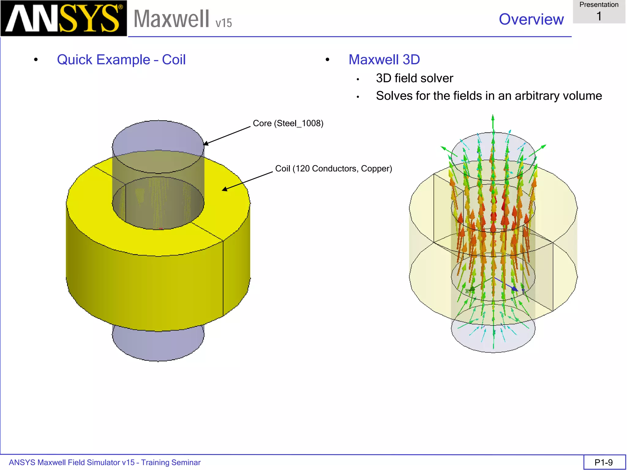 ANSYS Maxwell Field Simulator v15 – Training Seminar P1-9
Overview
Presentation
1
Maxwell v15
• Quick Example – Coil • Maxwell 3D
• 3D field solver
• Solves for the fields in an arbitrary volume
Coil (120 Conductors, Copper)
Core (Steel_1008)
 