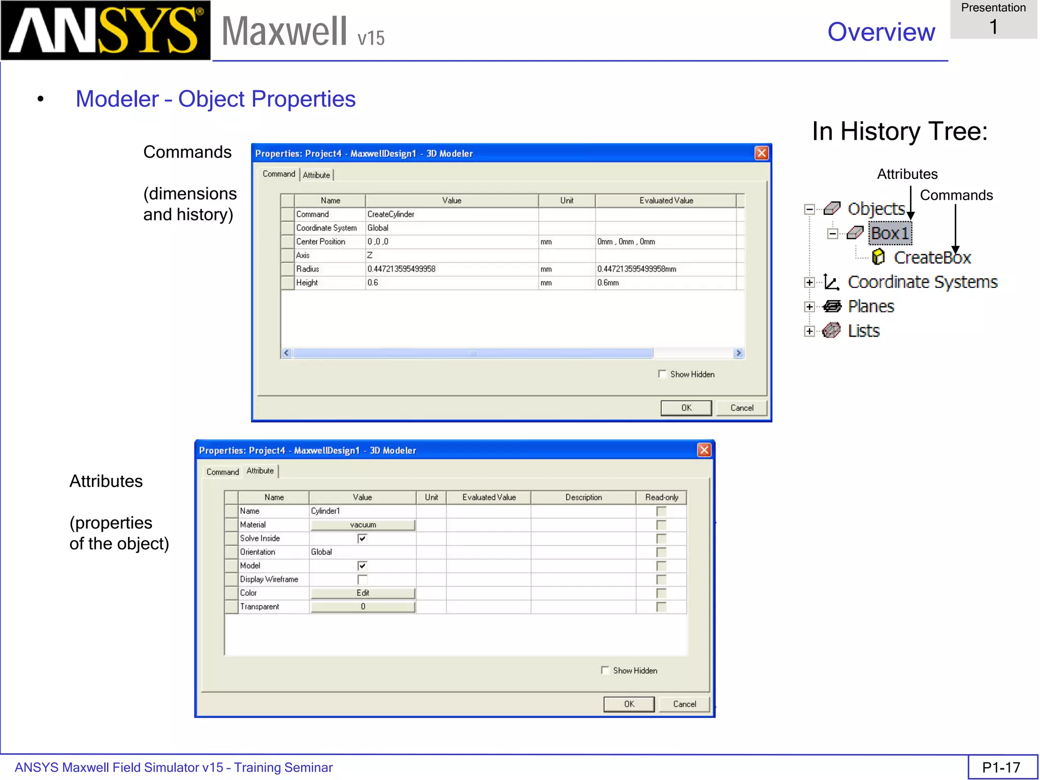 ANSYS Maxwell Field Simulator v15 – Training Seminar P1-17
Overview
Presentation
1
Maxwell v15
• Modeler – Object Properties
Attributes
(properties
of the object)
Commands
(dimensions
and history)
Attributes
Commands
In History Tree:
 