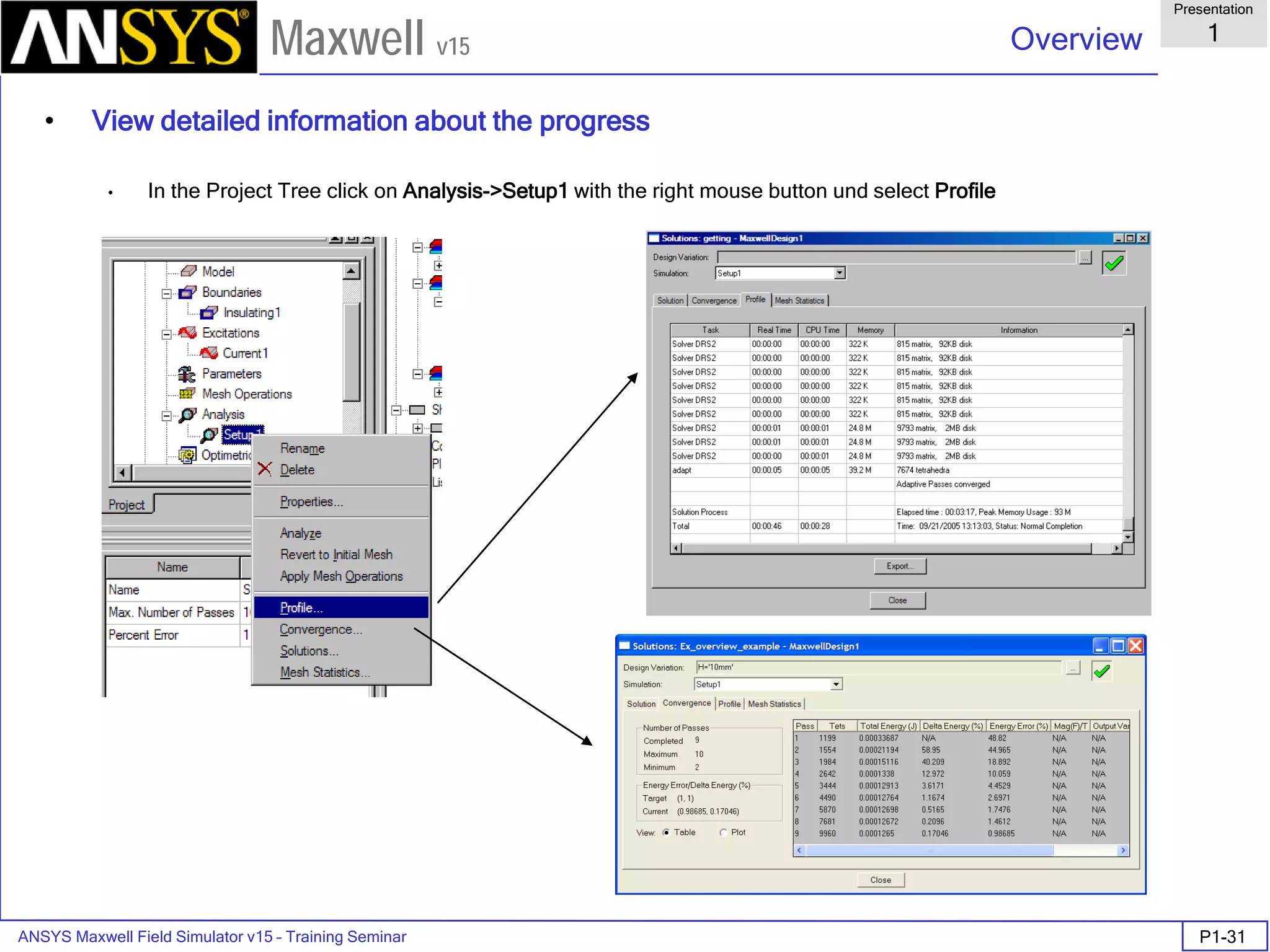 ANSYS Maxwell Field Simulator v15 – Training Seminar P1-31
Overview
Presentation
1
Maxwell v15
• View detailed information about the progress
• In the Project Tree click on Analysis->Setup1 with the right mouse button und select Profile
 