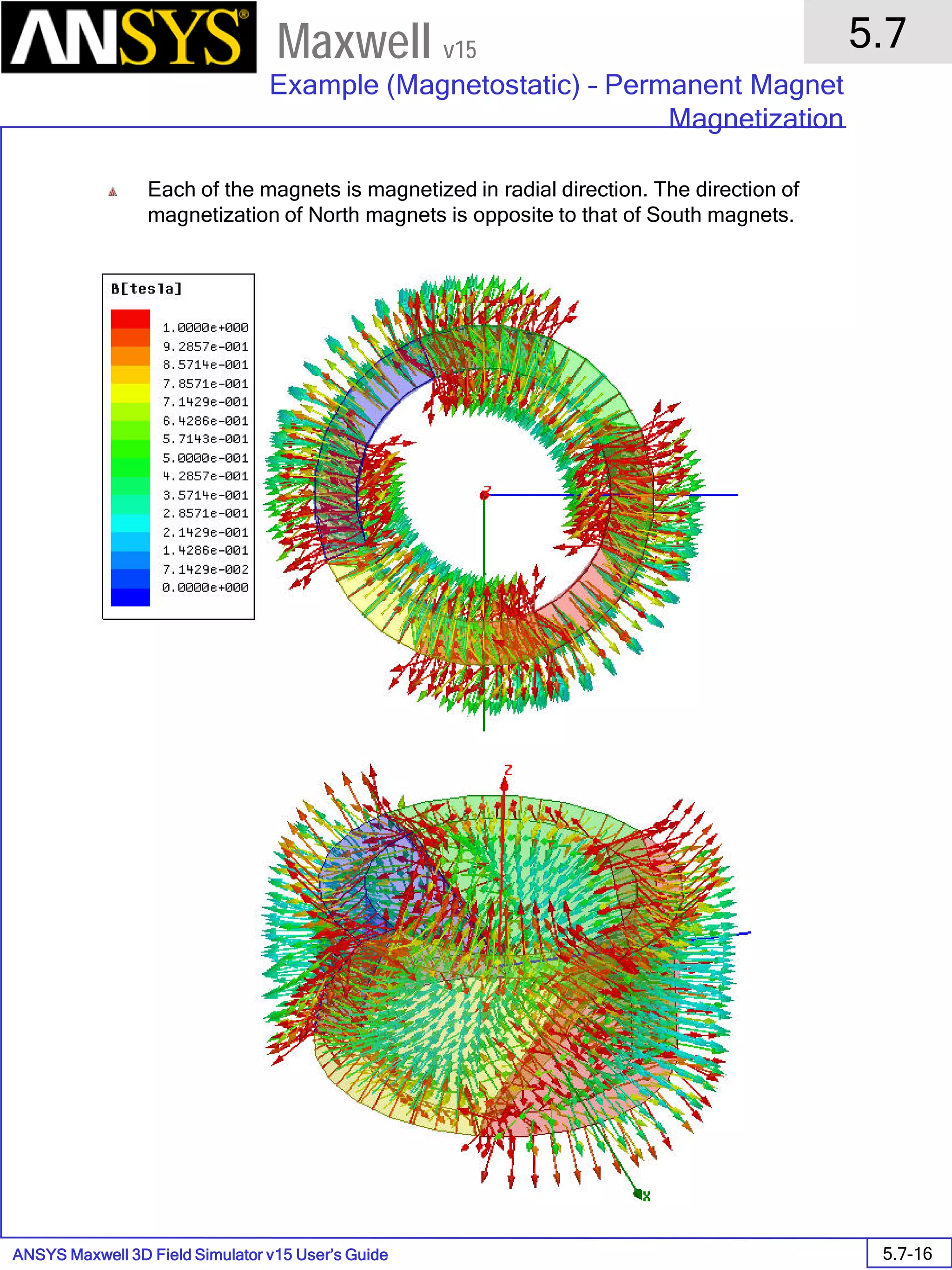 ANSYS Maxwell 3D Field Simulator v15 User’s Guide
5.7
Example (Magnetostatic) – Permanent Magnet
Magnetization
5.7-16
Maxwell v15
Each of the magnets is magnetized in radial direction. The direction of
magnetization of North magnets is opposite to that of South magnets.
 