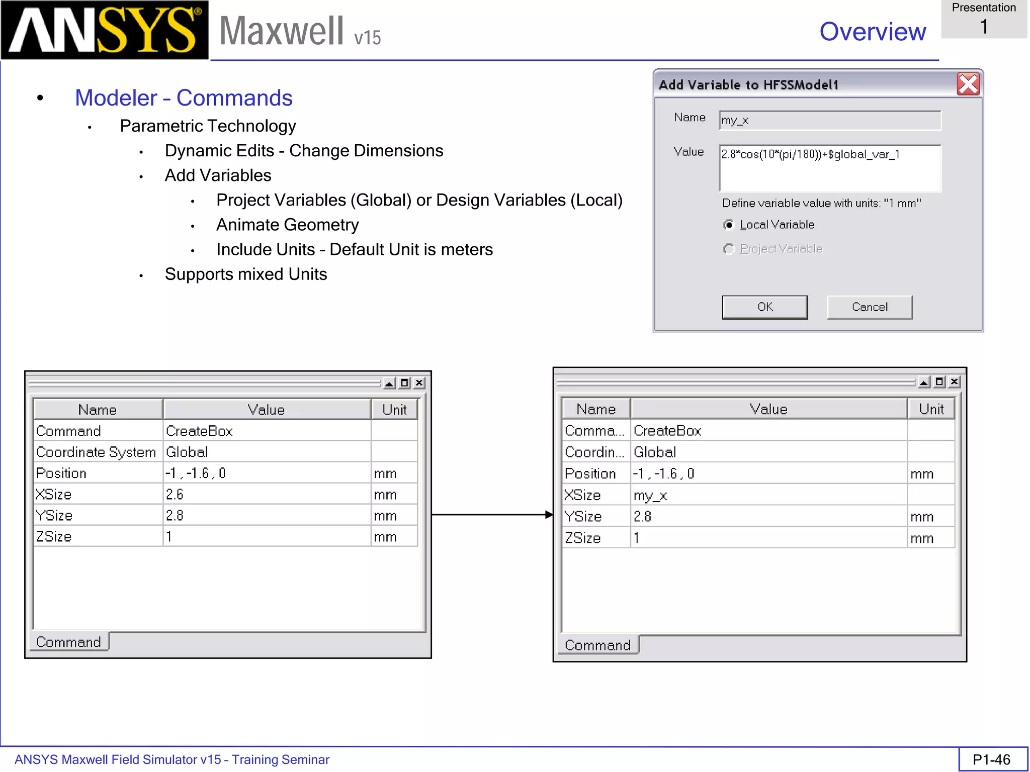 ANSYS Maxwell Field Simulator v15 – Training Seminar P1-46
Overview
Presentation
1
Maxwell v15
• Modeler – Commands
• Parametric Technology
• Dynamic Edits - Change Dimensions
• Add Variables
• Project Variables (Global) or Design Variables (Local)
• Animate Geometry
• Include Units – Default Unit is meters
• Supports mixed Units
 