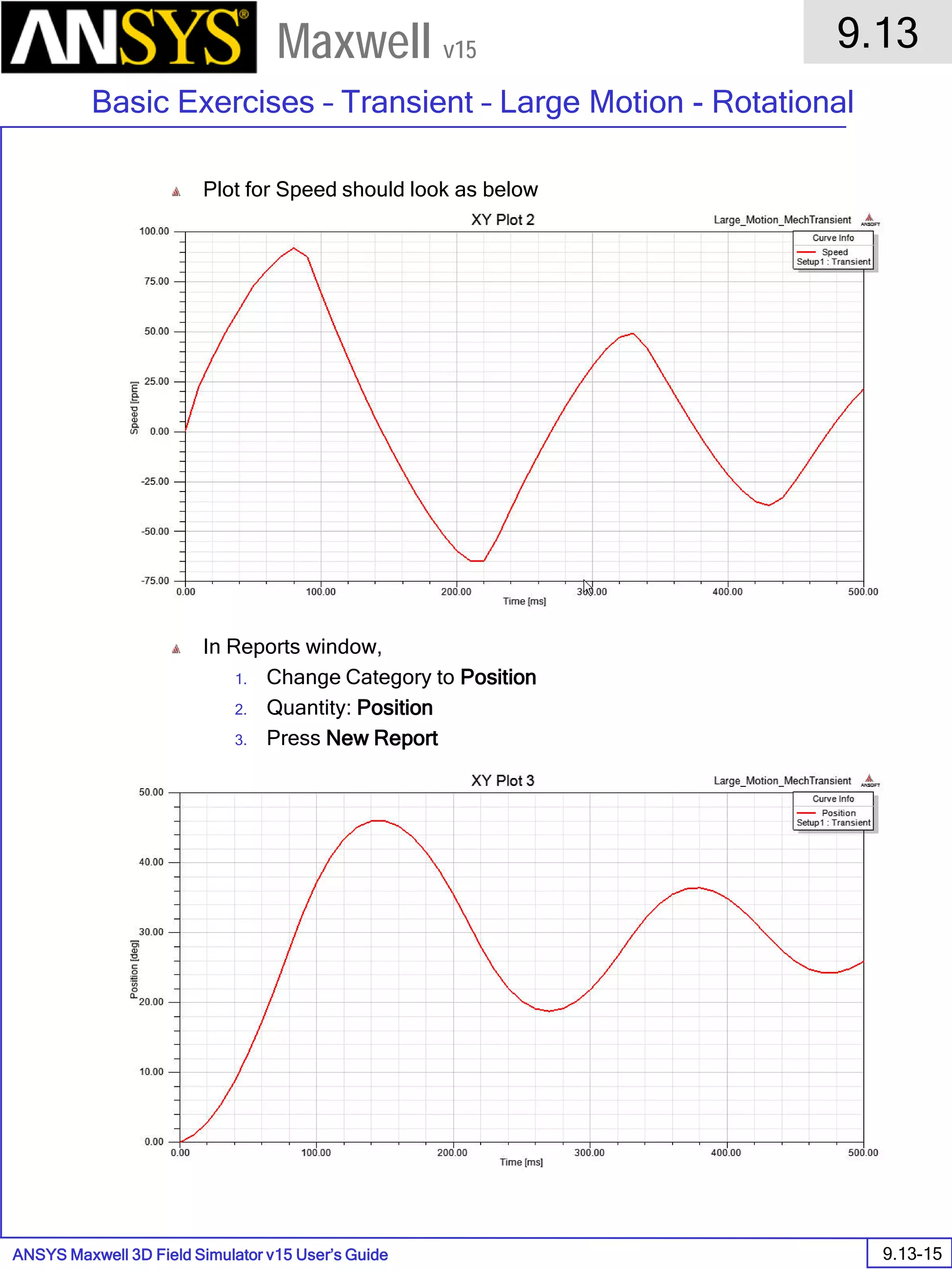 ANSYS Maxwell 3D Field Simulator v15 User’s Guide
9.13
Basic Exercises – Transient – Large Motion - Rotational
9.13-15
Maxwell v15
Plot for Speed should look as below
In Reports window,
1. Change Category to Position
2. Quantity: Position
3. Press New Report
 