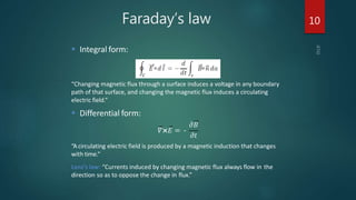 Faraday’s law
 Integral form:
“Changing magnetic flux through a surface induces a voltage in any boundary
path of that surface, and changing the magnetic flux induces a circulating
electric field.“
 Differential form:
𝛻×𝐸 = -
𝜕𝐵
𝜕𝑡
“Acirculating electric field is produced by a magnetic induction that changes
with time.“
Lenz’s law: “Currents induced by changing magnetic flux always flow in the
direction so as to oppose the change in flux.”
10
 