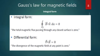 Gauss’s law for magnetic fields
Integral form
8
 