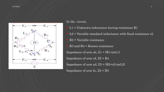 In the circuit,
 L1 = Unknown inductance having resistance R1
 L2 = Variable standard inductance with fixed resistance r2
 R2 = Variable resistance
 R3 and R4 = Known resistance
Impedance of arm ab, Z1 = (R1+jwL1)
Impedance of arm cd, Z2 = R4
Impedance of arm ad, Z3 = (R2+r2+jwL2)
Impedance of arm bc, Z4 = R3
12/7/2020 8
 