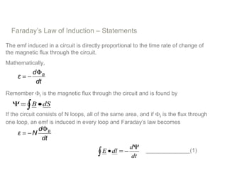Faraday’s Law of Induction – Statements
The emf induced in a circuit is directly proportional to the time rate of change of
the magnetic flux through the circuit.
Mathematically,
Remember ΦB is the magnetic flux through the circuit and is found by
If the circuit consists of N loops, all of the same area, and if ΦB is the flux through
one loop, an emf is induced in every loop and Faraday’s law becomes
Bd
ε
dt
Φ
= −
Bd
ε N
dt
Φ
= −
dSB •=Ψ ∫
dt
d
dlE
Ψ
−=•∫ ______________(1)
 