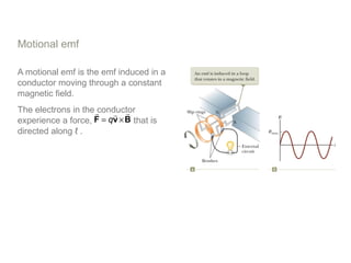 Motional emf
A motional emf is the emf induced in a
conductor moving through a constant
magnetic field.
The electrons in the conductor
experience a force, that is
directed along ℓ .
q= ×F v B
r rr
 