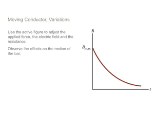 Moving Conductor, Variations
Use the active figure to adjust the
applied force, the electric field and the
resistance.
Observe the effects on the motion of
the bar.
 