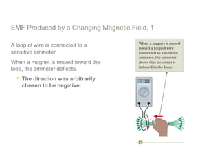 EMF Produced by a Changing Magnetic Field, 1
A loop of wire is connected to a
sensitive ammeter.
When a magnet is moved toward the
loop, the ammeter deflects.
 The direction was arbitrarily
chosen to be negative.
 