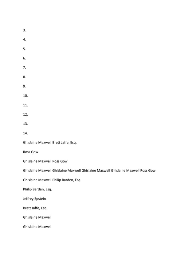 3.
4.
5.
6.
7.
8.
9.
10.
11.
12.
13.
14.
Ghislaine Maxwell Brett Jaffe, Esq.
Ross Gow
Ghislaine Maxwell Ross Gow
Ghislaine Maxwell Ghislaine Maxwell Ghislaine Maxwell Ghislaine Maxwell Ross Gow
Ghislaine Maxwell Philip Barden, Esq.
Philip Barden, Esq.
Jeffrey Epstein
Brett Jaffe, Esq.
Ghislaine Maxwell
Ghislaine Maxwell
 