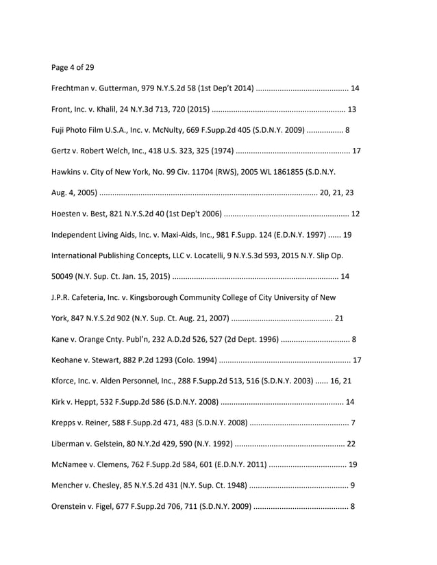 Page 4 of 29
Frechtman v. Gutterman, 979 N.Y.S.2d 58 (1st Dep’t 2014) ........................................... 14
Front, Inc. v. Khalil, 24 N.Y.3d 713, 720 (2015) .............................................................. 13
Fuji Photo Film U.S.A., Inc. v. McNulty, 669 F.Supp.2d 405 (S.D.N.Y. 2009) ................. 8
Gertz v. Robert Welch, Inc., 418 U.S. 323, 325 (1974) ..................................................... 17
Hawkins v. City of New York, No. 99 Civ. 11704 (RWS), 2005 WL 1861855 (S.D.N.Y.
Aug. 4, 2005) ..................................................................................................... 20, 21, 23
Hoesten v. Best, 821 N.Y.S.2d 40 (1st Dep't 2006) .......................................................... 12
Independent Living Aids, Inc. v. Maxi-Aids, Inc., 981 F.Supp. 124 (E.D.N.Y. 1997) ...... 19
International Publishing Concepts, LLC v. Locatelli, 9 N.Y.S.3d 593, 2015 N.Y. Slip Op.
50049 (N.Y. Sup. Ct. Jan. 15, 2015) ............................................................................. 14
J.P.R. Cafeteria, Inc. v. Kingsborough Community College of City University of New
York, 847 N.Y.S.2d 902 (N.Y. Sup. Ct. Aug. 21, 2007) ............................................... 21
Kane v. Orange Cnty. Publ’n, 232 A.D.2d 526, 527 (2d Dept. 1996) ................................ 8
Keohane v. Stewart, 882 P.2d 1293 (Colo. 1994) ............................................................. 17
Kforce, Inc. v. Alden Personnel, Inc., 288 F.Supp.2d 513, 516 (S.D.N.Y. 2003) ...... 16, 21
Kirk v. Heppt, 532 F.Supp.2d 586 (S.D.N.Y. 2008) ......................................................... 14
Krepps v. Reiner, 588 F.Supp.2d 471, 483 (S.D.N.Y. 2008) .............................................. 7
Liberman v. Gelstein, 80 N.Y.2d 429, 590 (N.Y. 1992) ................................................... 22
McNamee v. Clemens, 762 F.Supp.2d 584, 601 (E.D.N.Y. 2011) .................................... 19
Mencher v. Chesley, 85 N.Y.S.2d 431 (N.Y. Sup. Ct. 1948) .............................................. 9
Orenstein v. Figel, 677 F.Supp.2d 706, 711 (S.D.N.Y. 2009) ............................................ 8
 
