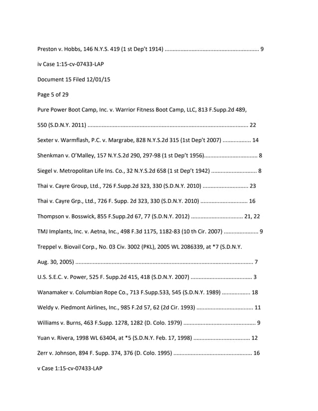 Preston v. Hobbs, 146 N.Y.S. 419 (1 st Dep’t 1914) ............................................................ 9
iv Case 1:15-cv-07433-LAP
Document 15 Filed 12/01/15
Page 5 of 29
Pure Power Boot Camp, Inc. v. Warrior Fitness Boot Camp, LLC, 813 F.Supp.2d 489,
550 (S.D.N.Y. 2011) ...................................................................................................... 22
Sexter v. Warmflash, P.C. v. Margrabe, 828 N.Y.S.2d 315 (1st Dep’t 2007) .................. 14
Shenkman v. O’Malley, 157 N.Y.S.2d 290, 297-98 (1 st Dep’t 1956).................................. 8
Siegel v. Metropolitan Life Ins. Co., 32 N.Y.S.2d 658 (1 st Dep’t 1942) ............................. 8
Thai v. Cayre Group, Ltd., 726 F.Supp.2d 323, 330 (S.D.N.Y. 2010) ............................. 23
Thai v. Cayre Grp., Ltd., 726 F. Supp. 2d 323, 330 (S.D.N.Y. 2010) .............................. 16
Thompson v. Bosswick, 855 F.Supp.2d 67, 77 (S.D.N.Y. 2012) ................................. 21, 22
TMJ Implants, Inc. v. Aetna, Inc., 498 F.3d 1175, 1182-83 (10 th Cir. 2007) ...................... 9
Treppel v. Biovail Corp., No. 03 Civ. 3002 (PKL), 2005 WL 2086339, at *7 (S.D.N.Y.
Aug. 30, 2005) ................................................................................................................. 7
U.S. S.E.C. v. Power, 525 F. Supp.2d 415, 418 (S.D.N.Y. 2007) ....................................... 3
Wanamaker v. Columbian Rope Co., 713 F.Supp.533, 545 (S.D.N.Y. 1989) .................. 18
Weldy v. Piedmont Airlines, Inc., 985 F.2d 57, 62 (2d Cir. 1993) .................................... 11
Williams v. Burns, 463 F.Supp. 1278, 1282 (D. Colo. 1979) .............................................. 9
Yuan v. Rivera, 1998 WL 63404, at *5 (S.D.N.Y. Feb. 17, 1998) .................................... 12
Zerr v. Johnson, 894 F. Supp. 374, 376 (D. Colo. 1995) .................................................. 16
v Case 1:15-cv-07433-LAP
 