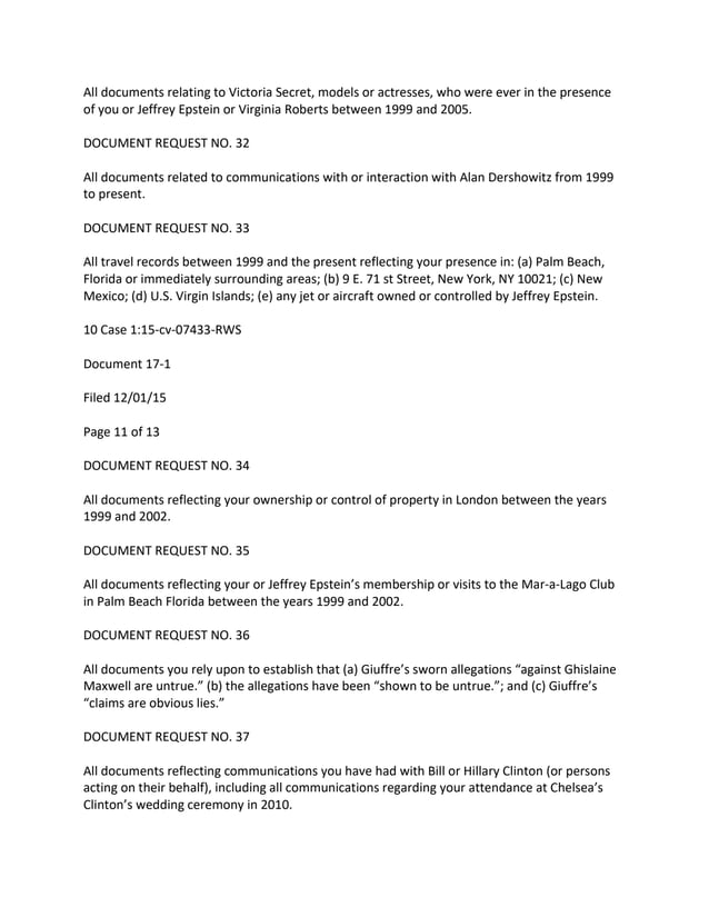 All documents relating to Victoria Secret, models or actresses, who were ever in the presence
of you or Jeffrey Epstein or Virginia Roberts between 1999 and 2005.
DOCUMENT REQUEST NO. 32
All documents related to communications with or interaction with Alan Dershowitz from 1999
to present.
DOCUMENT REQUEST NO. 33
All travel records between 1999 and the present reflecting your presence in: (a) Palm Beach,
Florida or immediately surrounding areas; (b) 9 E. 71 st Street, New York, NY 10021; (c) New
Mexico; (d) U.S. Virgin Islands; (e) any jet or aircraft owned or controlled by Jeffrey Epstein.
10 Case 1:15-cv-07433-RWS
Document 17-1
Filed 12/01/15
Page 11 of 13
DOCUMENT REQUEST NO. 34
All documents reflecting your ownership or control of property in London between the years
1999 and 2002.
DOCUMENT REQUEST NO. 35
All documents reflecting your or Jeffrey Epstein’s membership or visits to the Mar-a-Lago Club
in Palm Beach Florida between the years 1999 and 2002.
DOCUMENT REQUEST NO. 36
All documents you rely upon to establish that (a) Giuffre’s sworn allegations “against Ghislaine
Maxwell are untrue.” (b) the allegations have been “shown to be untrue.”; and (c) Giuffre’s
“claims are obvious lies.”
DOCUMENT REQUEST NO. 37
All documents reflecting communications you have had with Bill or Hillary Clinton (or persons
acting on their behalf), including all communications regarding your attendance at Chelsea’s
Clinton’s wedding ceremony in 2010.
 