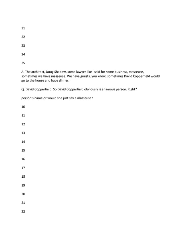 21
22
23
24
25
A. The architect, Doug Shadow, some lawyer like I said for some business, masseuse,
sometimes we have masseuse. We have guests, you know, sometimes David Copperfield would
go to the house and have dinner.
Q. David Copperfield. So David Copperfield obviously is a famous person. Right?
person's name or would she just say a masseuse?
10
11
12
13
14
15
16
17
18
19
20
21
22
 