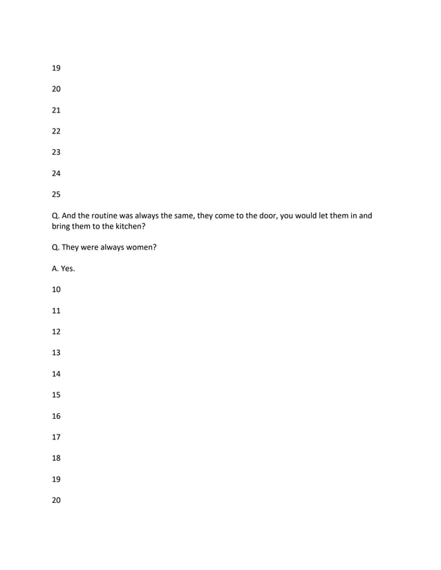 19
20
21
22
23
24
25
Q. And the routine was always the same, they come to the door, you would let them in and
bring them to the kitchen?
Q. They were always women?
A. Yes.
10
11
12
13
14
15
16
17
18
19
20
 