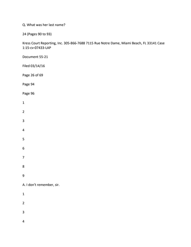 Q. What was her last name?
24 (Pages 90 to 93)
Kress Court Reporting, Inc. 305-866-7688 7115 Rue Notre Dame, Miami Beach, FL 33141 Case
1:15-cv-07433-LAP
Document 55-21
Filed 03/14/16
Page 26 of 69
Page 94
Page 96
1
2
3
4
5
6
7
8
9
A. I don't remember, sir.
1
2
3
4
 