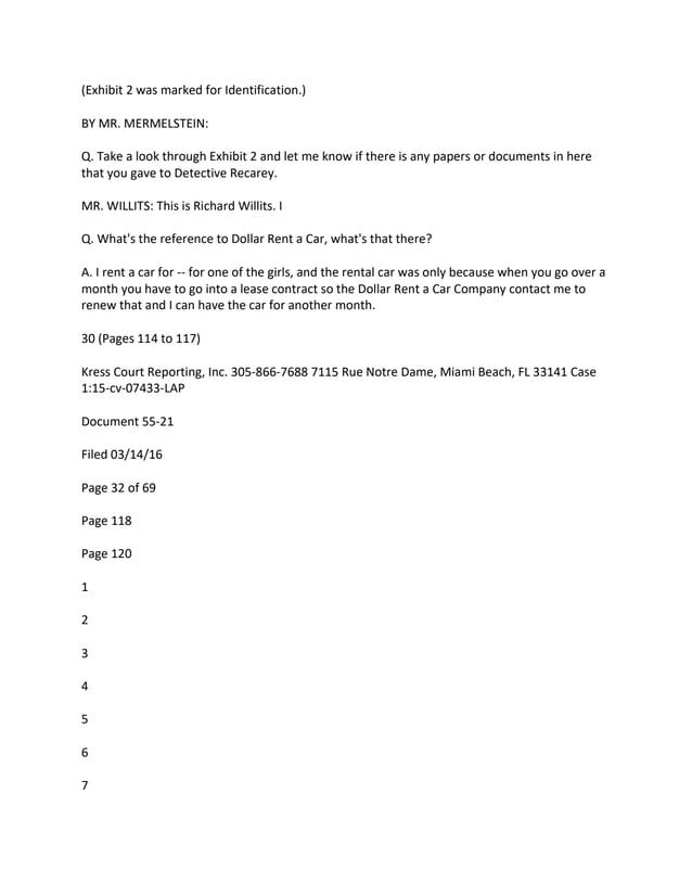 (Exhibit 2 was marked for Identification.)
BY MR. MERMELSTEIN:
Q. Take a look through Exhibit 2 and let me know if there is any papers or documents in here
that you gave to Detective Recarey.
MR. WILLITS: This is Richard Willits. I
Q. What's the reference to Dollar Rent a Car, what's that there?
A. I rent a car for -- for one of the girls, and the rental car was only because when you go over a
month you have to go into a lease contract so the Dollar Rent a Car Company contact me to
renew that and I can have the car for another month.
30 (Pages 114 to 117)
Kress Court Reporting, Inc. 305-866-7688 7115 Rue Notre Dame, Miami Beach, FL 33141 Case
1:15-cv-07433-LAP
Document 55-21
Filed 03/14/16
Page 32 of 69
Page 118
Page 120
1
2
3
4
5
6
7
 