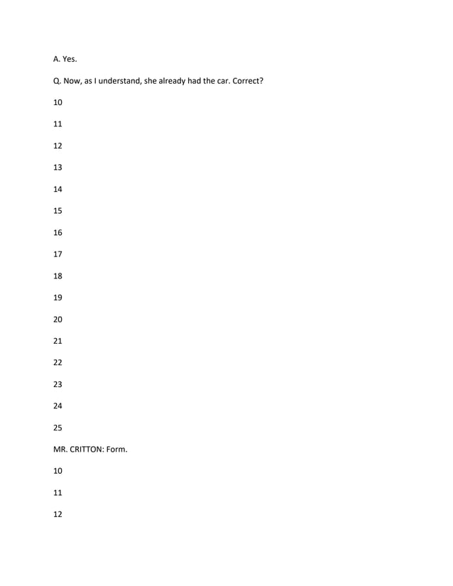A. Yes.
Q. Now, as I understand, she already had the car. Correct?
10
11
12
13
14
15
16
17
18
19
20
21
22
23
24
25
MR. CRITTON: Form.
10
11
12
 