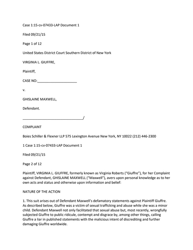 Case 1:15-cv-07433-LAP Document 1
Filed 09/21/15
Page 1 of 12
United States District Court Southern District of New York
V...