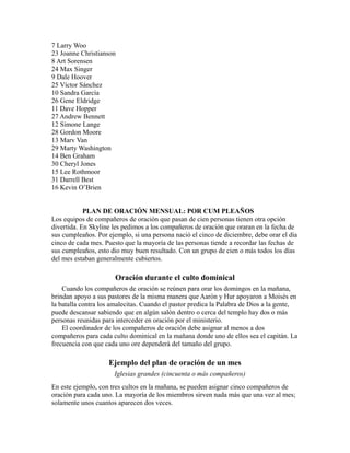 7 Larry Woo
23 Joanne Christianson
8 Art Sorensen
24 Max Singer
9 Dale Hoover
25 Víctor Sánchez
10 Sandra García
26 Gene Eldridge
11 Dave Hopper
27 Andrew Bennett
12 Simone Lange
28 Gordon Moore
13 Marv Van
29 Marty Washington
14 Ben Graham
30 Cheryl Jones
15 Lee Rothmoor
31 Darrell Best
16 Kevin O’Brien
PLAN DE ORACIÓN MENSUAL: POR CUM PLEAÑOS
Los equipos de compañeros de oración que pasan de cien personas tienen otra opción
divertida. En Skyline les pedimos a los compañeros de oración que oraran en la fecha de
sus cumpleaños. Por ejemplo, si una persona nació el cinco de diciembre, debe orar el día
cinco de cada mes. Puesto que la mayoría de las personas tiende a recordar las fechas de
sus cumpleaños, esto dio muy buen resultado. Con un grupo de cien o más todos los días
del mes estaban generalmente cubiertos.
Oración durante el culto dominical
Cuando los compañeros de oración se reúnen para orar los domingos en la mañana,
brindan apoyo a sus pastores de la misma manera que Aarón y Hur apoyaron a Moisés en
la batalla contra los amalecitas. Cuando el pastor predica la Palabra de Dios a la gente,
puede descansar sabiendo que en algún salón dentro o cerca del templo hay dos o más
personas reunidas para interceder en oración por el ministerio.
El coordinador de los compañeros de oración debe asignar al menos a dos
compañeros para cada culto dominical en la mañana donde uno de ellos sea el capitán. La
frecuencia con que cada uno ore dependerá del tamaño del grupo.
Ejemplo del plan de oración de un mes
Iglesias grandes (cincuenta o más compañeros)
En este ejemplo, con tres cultos en la mañana, se pueden asignar cinco compañeros de
oración para cada uno. La mayoría de los miembros sirven nada más que una vez al mes;
solamente unos cuantos aparecen dos veces.
 