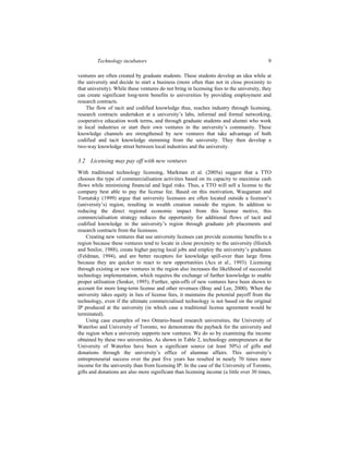 Technology incubators 9
ventures are often created by graduate students. These students develop an idea while at
the university and decide to start a business (more often than not in close proximity to
that university). While these ventures do not bring in licensing fees to the university, they
can create significant long-term benefits to universities by providing employment and
research contracts.
The flow of tacit and codified knowledge thus, reaches industry through licensing,
research contracts undertaken at a university’s labs, informal and formal networking,
cooperative education work terms, and through graduate students and alumni who work
in local industries or start their own ventures in the university’s community. These
knowledge channels are strengthened by new ventures that take advantage of both
codified and tacit knowledge stemming from the university. They then develop a
two-way knowledge street between local industries and the university.
3.2 Licensing may pay off with new ventures
With traditional technology licensing, Markman et al. (2005a) suggest that a TTO
chooses the type of commercialisation activities based on its capacity to maximise cash
flows while minimising financial and legal risks. Thus, a TTO will sell a license to the
company best able to pay the license fee. Based on this motivation, Waugaman and
Tornatsky (1999) argue that university licensees are often located outside a licensor’s
(university’s) region, resulting in wealth creation outside the region. In addition to
reducing the direct regional economic impact from this license motive, this
commercialisation strategy reduces the opportunity for additional flows of tacit and
codified knowledge in the university’s region through graduate job placements and
research contracts from the licensees.
Creating new ventures that use university licenses can provide economic benefits to a
region because these ventures tend to locate in close proximity to the university (Hisrich
and Smilor, 1988), create higher paying local jobs and employ the university’s graduates
(Feldman, 1994), and are better receptors for knowledge spill-over than large firms
because they are quicker to react to new opportunities (Acs et al., 1993). Licensing
through existing or new ventures in the region also increases the likelihood of successful
technology implementation, which requires the exchange of further knowledge to enable
proper utilisation (Senker, 1995). Further, spin-offs of new ventures have been shown to
account for more long-term license and other revenues (Bray and Lee, 2000). When the
university takes equity in lieu of license fees, it maintains the potential payoff from the
technology, even if the ultimate commercialised technology is not based on the original
IP produced at the university (in which case a traditional license agreement would be
terminated).
Using case examples of two Ontario-based research universities, the University of
Waterloo and University of Toronto, we demonstrate the payback for the university and
the region when a university supports new ventures. We do so by examining the income
obtained by these two universities. As shown in Table 2, technology entrepreneurs at the
University of Waterloo have been a significant source (at least 50%) of gifts and
donations through the university’s office of alumnae affairs. This university’s
entrepreneurial success over the past five years has resulted in nearly 70 times more
income for the university than from licensing IP. In the case of the University of Toronto,
gifts and donations are also more significant than licensing income (a little over 30 times,
 
