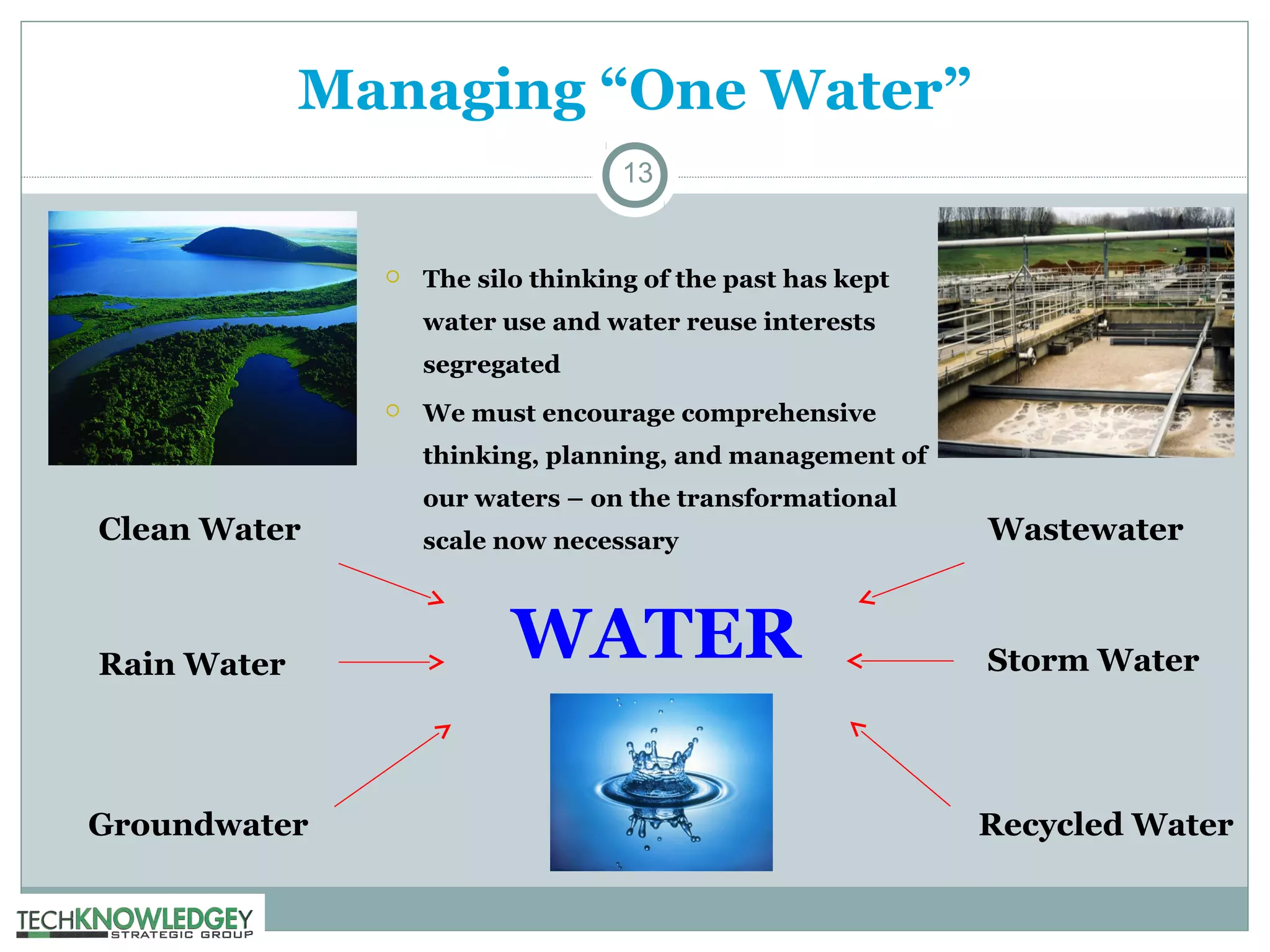 Managing “One Water”
13



The silo thinking of the past has kept
water use and water reuse interests
segregated



We must encourage comprehensive
thinking, planning, and management of

Clean Water

Rain Water

Groundwater

our waters – on the transformational
scale now necessary

WATER

Wastewater

Storm Water

Recycled Water

 