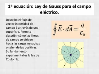1ª ecuación: Ley de Gauss para el campo 
eléctrico. 
Describe el flujo del 
vector intensidad de 
campo E a través de una 
superficie. Permite 
describir cómo las líneas 
de campo se dirigen 
hacia las cargas negativas 
o salen de las positivas. 
Su fundamento 
experimental es la ley de 
Coulomb. 
 