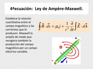 4ªecuación: Ley de Ampère-Maxwell. 
Establece la relación 
cuantitativa entre el 
campo magnético y las 
corrientes que lo 
producen. Maxwell la 
amplió de modo que 
recogiera también la 
producción del campo 
magnético por un campo 
eléctrico variable. 
