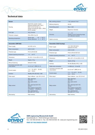 Technical data
6		 EN 30/01/2019
SWR engineering Messtechnik GmbH
Gutedelstraße 31 · 79418 Schliengen (Germany)
Fon +49 7635 827248-0 · Fax +49 7635 827248-48 · www.swr-engineering.com
PART OF THE ENVEA GROUP
(Allrightsreserved.)
Sensor
Housing
Steel St 52, powder-coated
(optional stainless steel 1.4571)
NW 70/100/150/200 mm,
Flange according EN 1092-1 / PN10
DN 70: variable
Inner pipe Al2
O3
-Ceramic
Protection category IP 65, ATEX: Cat. 3D
Operating temperature
Sensor pipe: - 20 ... + 120 °C
Sensor electronic: 0 ... + 60 °C
Max. working pressure 1 bar, optional 10 bar
Working frequency 88 kHz
Transmitting power Max. 2 mW
Weight Depend on diameter
Accuracy
± 1 ... 3 %
(based on end of measuring range
and calibrated material)
System accuracy ± 0.04 %
Transmitter (DIN Rail)
Power supply 24 V DC ±10 %
Power consumption 20 W / 24 VA
Protection type IP 40 to EN 60 529
Ambient operating temperature -10 … +45 °C
Dimensions 23 x 90 x 118 mm (W x H x D)
Weight Approx. 172 g
DIN rail fastening DIN 60715 TH35
Connection terminals cable
cross-section 0.2-2.5 mm2
[AWG 24-14]
Current output
1 x 4 … 20 mA (0 … 20 mA),
load < 500 Ω
Interface ModBus RTU (RS 485) / USB
Pulse output Open collector - max. 30 V, 20 mA
Relay contact
Max. rated load: 	
250 V AC
Max. peak current:	
6 A
Max. rated load 230 V AC:	
250 VA
Max. breaking capacity DC1:
3/110/220 V: 3/0.35/0.2 A
Min. switching load:	
500 mW (10 V / 5 mA)
Data backup Flash memory
Transmitter (field housing)
Power supply
110 / 230 V AC 50 Hz
(optional 24 V DC)
Power consumption 20 W / 24 VA
Protection type IP 65 to EN 60 529/10.91
Ambient operating temperature -10 … +45 °C
Dimensions 258 x 237 x 174 mm (W x H x D)
Weight Approx. 2.5 kg
Interface RS 485 (ModBus RTU) / USB
Cable screw connectors 3 x M20 (4,5 - 13 mm Ø)
Connection terminals cable
cross-section 0.2-2.5 mm2
[AWG 24-14]
Current output
3 x 4 … 20 mA (0 … 20 mA),
load < 500 Ω
Pulse output Open collector - max. 30 V, 20 mA
Relay contact
Max. rated load: 	
250 V AC
Max. peak current:	
6 A
Max. rated load 230 V AC:	
250 VA
Max. breaking capacity DC1:
3/110/220 V: 3/0.35/0.2 A
Min. switching load:	
500 mW (10 V / 5 mA)
Data backup Flash memory
 