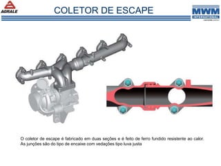 O coletor de escape é fabricado em duas seções e é feito de ferro fundido resistente ao calor.
As junções são do tipo de encaixe com vedações tipo luva justa
COLETOR DE ESCAPE
 