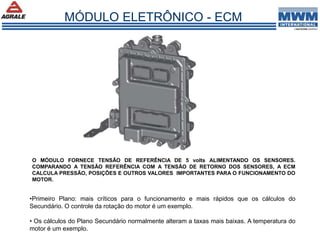 O MÓDULO FORNECE TENSÃO DE REFERÊNCIA DE 5 volts ALIMENTANDO OS SENSORES.
COMPARANDO A TENSÃO REFERÊNCIA COM A TENSÃO DE RETORNO DOS SENSORES, A ECM
CALCULA PRESSÃO, POSIÇÕES E OUTROS VALORES IMPORTANTES PARA O FUNCIONAMENTO DO
MOTOR.
MÓDULO ELETRÔNICO - ECM
•Primeiro Plano: mais críticos para o funcionamento e mais rápidos que os cálculos do
Secundário. O controle da rotação do motor é um exemplo.
• Os cálculos do Plano Secundário normalmente alteram a taxas mais baixas. A temperatura do
motor é um exemplo.
 