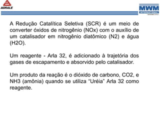 A Redução Catalítica Seletiva (SCR) é um meio de
converter óxidos de nitrogênio (NOx) com o auxílio de
um catalisador em nitrogênio diatômico (N2) e água
(H2O).
Um reagente - Arla 32, é adicionado à trajetória dos
gases de escapamento e absorvido pelo catalisador.
Um produto da reação é o dióxido de carbono, CO2, e
NH3 (amônia) quando se utiliza “Uréia” Arla 32 como
reagente.
 