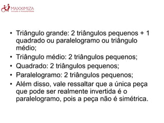 • Triângulo grande: 2 triângulos pequenos + 1
quadrado ou paralelogramo ou triângulo
médio;
• Triângulo médio: 2 triângulos pequenos;
• Quadrado: 2 triângulos pequenos;
• Paralelogramo: 2 triângulos pequenos;
• Além disso, vale ressaltar que a única peça
que pode ser realmente invertida é o
paralelogramo, pois a peça não é simétrica.
 