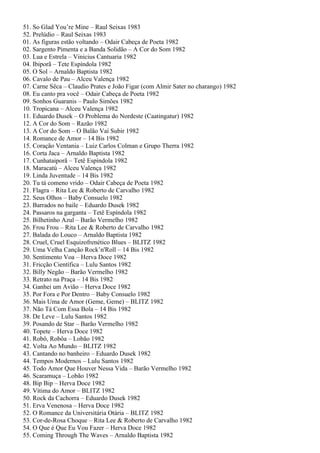 51. So Glad You’re Mine – Raul Seixas 1983
52. Prelúdio – Raul Seixas 1983
01. As figuras estão voltando – Odair Cabeça de Poeta 1982
02. Sargento Pimenta e a Banda Solidão – A Cor do Som 1982
03. Lua e Estrela – Vinicius Cantuaria 1982
04. Ibiporã – Tete Espíndola 1982
05. O Sol – Arnaldo Baptista 1982
06. Cavalo de Pau – Alceu Valença 1982
07. Carne Sêca – Claudio Prates e João Figar (com Almir Sater no charango) 1982
08. Eu canto pra você – Odair Cabeça de Poeta 1982
09. Sonhos Guaranis – Paulo Simões 1982
10. Tropicana – Alceu Valença 1982
11. Eduardo Dusek – O Problema do Nordeste (Caatingatur) 1982
12. A Cor do Som – Razão 1982
13. A Cor do Som – O Balão Vai Subir 1982
14. Romance de Amor – 14 Bis 1982
15. Coração Ventania – Luiz Carlos Colman e Grupo Therra 1982
16. Corta Jaca – Arnaldo Baptista 1982
17. Cunhataiporã – Tetê Espíndola 1982
18. Maracatú – Alceu Valença 1982
19. Linda Juventude – 14 Bis 1982
20. Tu tá comeno vrido – Odair Cabeça de Poeta 1982
21. Flagra – Rita Lee & Roberto de Carvalho 1982
22. Seus Olhos – Baby Consuelo 1982
23. Barrados no baile – Eduardo Dusek 1982
24. Passaros na garganta – Tetê Espíndola 1982
25. Bilhetinho Azul – Barão Vermelho 1982
26. Frou Frou – Rita Lee & Roberto de Carvalho 1982
27. Balada do Louco – Arnaldo Baptista 1982
28. Cruel, Cruel Esquizofrenético Blues – BLITZ 1982
29. Uma Velha Canção Rock’n'Roll – 14 Bis 1982
30. Sentimento Voa – Herva Doce 1982
31. Fricção Científica – Lulu Santos 1982
32. Billy Negão – Barão Vermelho 1982
33. Retrato na Praça – 14 Bis 1982
34. Ganhei um Avião – Herva Doce 1982
35. Por Fora e Por Dentro – Baby Consuelo 1982
36. Mais Uma de Amor (Geme, Geme) – BLITZ 1982
37. Não Tá Com Essa Bola – 14 Bis 1982
38. De Leve – Lulu Santos 1982
39. Posando de Star – Barão Vermelho 1982
40. Topete – Herva Doce 1982
41. Robô, Robôa – Lobão 1982
42. Volta Ao Mundo – BLITZ 1982
43. Cantando no banheiro – Eduardo Dusek 1982
44. Tempos Modernos – Lulu Santos 1982
45. Todo Amor Que Houver Nessa Vida – Barão Vermelho 1982
46. Scaramuça – Lobão 1982
48. Bip Bip – Herva Doce 1982
49. Vítima do Amor – BLITZ 1982
50. Rock da Cachorra – Eduardo Dusek 1982
51. Erva Venenosa – Herva Doce 1982
52. O Romance da Universitária Otária – BLITZ 1982
53. Cor-de-Rosa Choque – Rita Lee & Roberto de Carvalho 1982
54. O Que é Que Eu Vou Fazer – Herva Doce 1982
55. Coming Through The Waves – Arnaldo Baptista 1982
 
