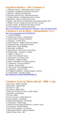 Pop Rock Remixes – 80’s (Volume 1)
1. Totalmente Demais - Hanoi-Hanoi (must version)
2. Segurança - Engenheiros do Hawaii (rock mix)
3. Joga Fora - Sandra de Sá (r&b mix)
4. Pros Que Estão Em Casa - Hojerizah (age mix)
5. Surfista Calhorda - Os Replicantes (loco version)
6. Quadrinhos - Picassos Falsos (movie mix)
7. Popstar - João Penca e seus Miquinhos Amestrados (monkey mix)
8. Whisky A Go-Go - Roupa Nova (on the rocks version)
9. Camila, Camila - Nenhum de Nós (speed version)
10. Canos Silenciosos - Lobão (wolf version)
http://www.4shared.com/dir/WyqHx-EL/Nacional_-_Anos_80_Remixes.html
Coletânea Casa de Rock – Independente Vol. 2
http://www.megaupload.com/?d=STOSYIJ4
1. - A Portas Fechadas
2. Paralamas do Sucesso - Caleidoscópio
3. Legião Urbana - O Senhor da Guerra
4. Autoramas - Carinha Triste
5. Charlie Brown Jr - Rubão, O Dono do Mundo
6. Cogumelo Plutão - Esperando na Janela
7. Mary's Band - Happy Birthday
8. Plebe Rude - Proteção II
9. Marcelo Bonfá - De Um Jeito ou De Outro
10. Cidade Negra - A Flecha e o Vulcão
11. Maskavo - Quero Ver
12. Lobão - Para O Mano Caetano
13. Raimundos - 20 e Poucos Anos
14. Rumbora - O Mapa da Mina
15. Skank - Mandrake e os Cubanos (Remix)
16. Tianastácia - Conto de Fraldas II
17. Tihuana - Tropa de Elite
18. Tribo de Jah - Uma Onda Que Passou
19. Virgulóides - Chevette Velho
20. O Rappa & Sepultura - Ninguém Regula a América
21. Galera da Mix - Fazendo um Mix
http://rapidshare.com/files/51822466/PRNBr.rarc




Coletânea Festa da Música Brasil – 2008 - 4 cds
1 Puro Êxtase - Barão Vermelho
2 Meu Sonho - kaleidoscópio
3 Tô Nem Aí - Luka
4 Pra Poucos - Planta e Raiz
5 Sonho de Uma Noite de verão - milton Guedes
6 Anna Júlia - los Hermano
7 Só Você - BPM
8 O Coro vai Comê - Charlie Brown Jr
9 Coisa de Maluco - Fincabaute
10 Pintura Intima (Remix) - kid Abelha
11 Firmamento - Cidade Negra
12 Sozinho (Classic Radio Edit Remix) - Caetano Veloso
13 Unicamente - Deborah Blando
14 Aviso aos Navegantes - Lulu Santos
15 Bem Querer (Remix) - Mauricio Manieri
1 Que Se Chama Amor - SPC
 